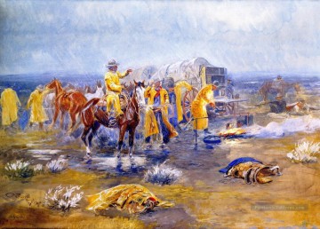 Indiens et cowboys œuvres - matin pluvieux 1904 Charles Marion Russell Indiana cow boy